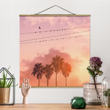 Stoffbild mit Posterleisten - Vögel auf der Stromleitung - Quadrat