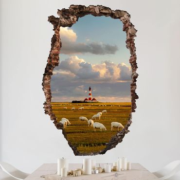 3D Wandtattoo - Nordsee Leuchtturm mit Schafsherde - Hoch 3:2
