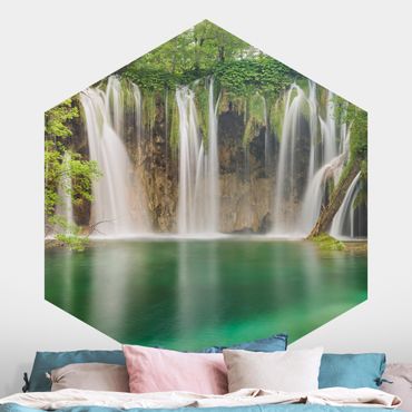 Hexagon Mustertapete selbstklebend - Wasserfall Plitvicer Seen