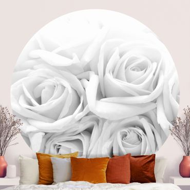 Runde Tapete selbstklebend - Weiße Rosen Schwarz-Weiß
