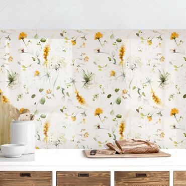 Küchenrückwand - Wildblumen Aquarell Muster auf Beige