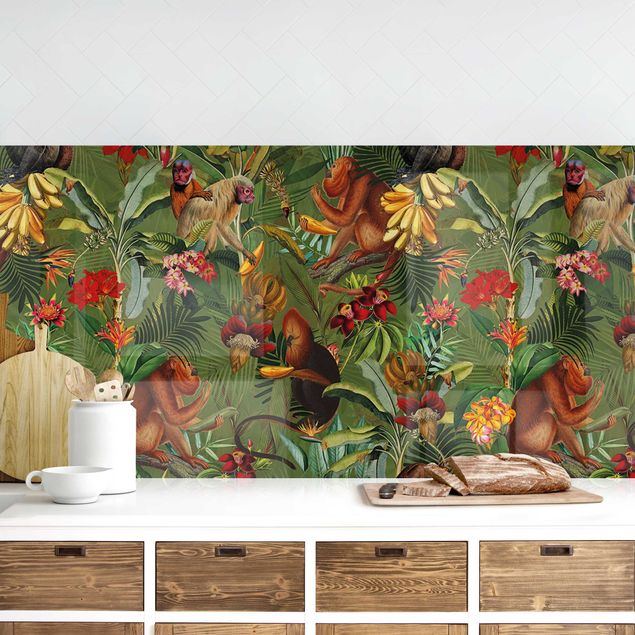 Küchenrückwände Platte Tropische Blumen mit Affen I
