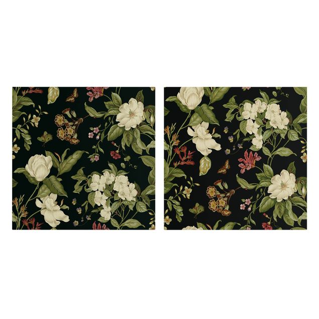 Leinwandbilder Gartenblumen auf Schwarz Set I