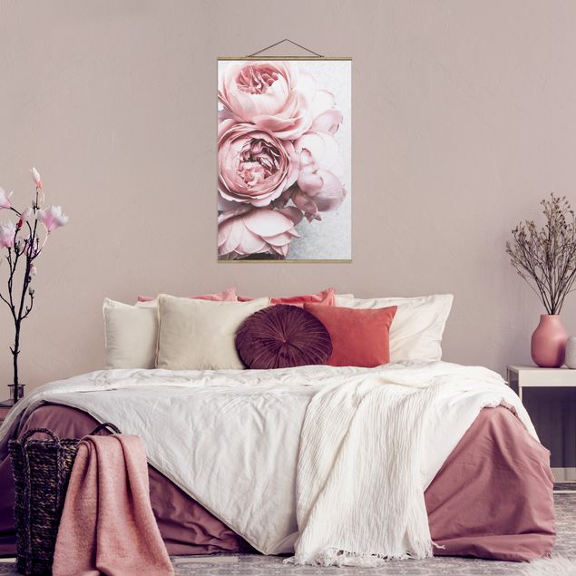 Stoffbilder mit Holzleisten Rosa Pfingstrosenblüten Shabby Pastell