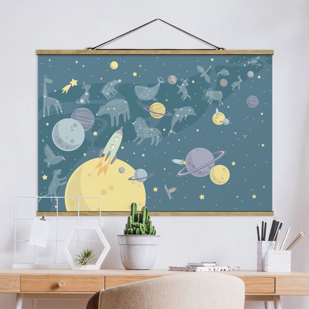 Wandbilder Tiere Planeten mit Sternzeichen und Raketen