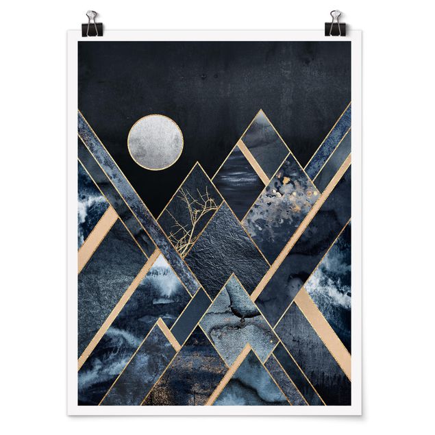 Poster - Goldener Mond abstrakte schwarze Berge - Hochformat 4:3