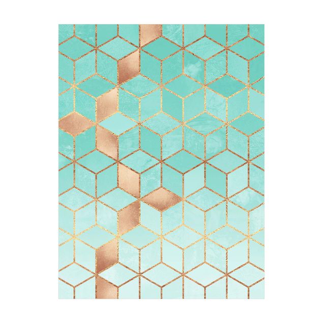 3D Teppich Türkis Weiß goldene Geometrie