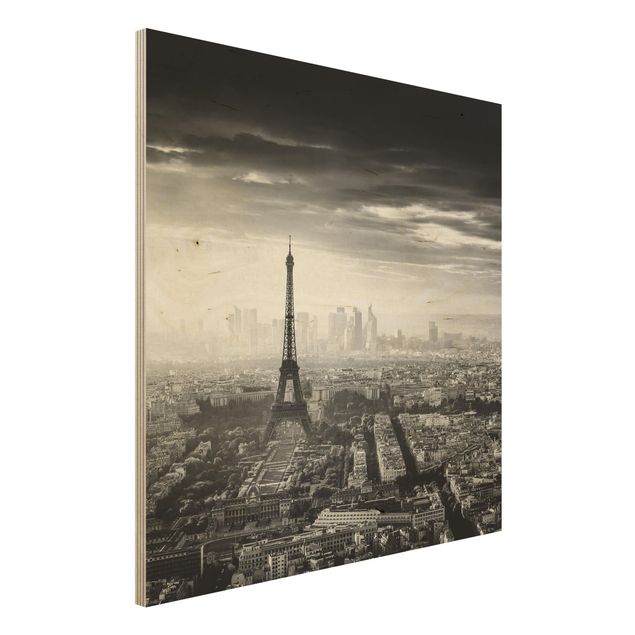 Holzbild Skyline Der Eiffelturm von Oben Schwarz-weiß