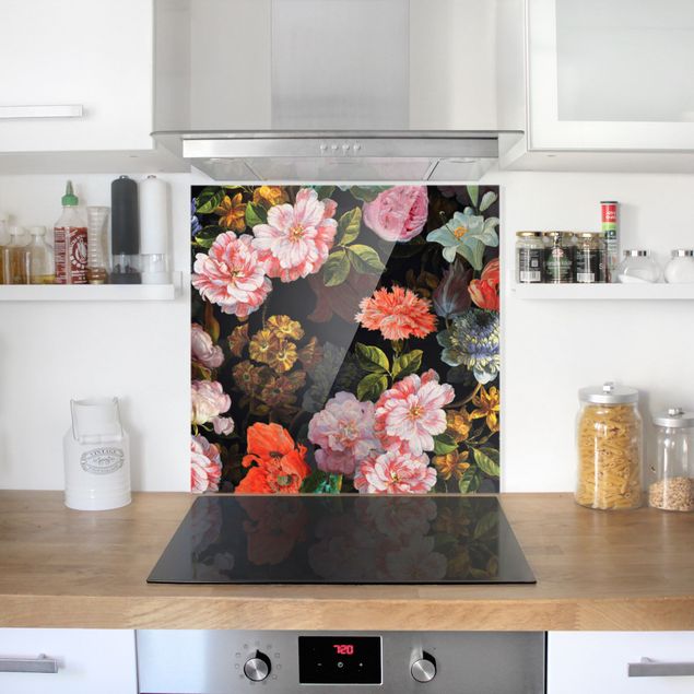Küchenrückwand Glas Muster Dunkles Blumenbouquet