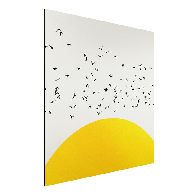 Wandbilder Tiere Vogelschwarm vor gelber Sonne