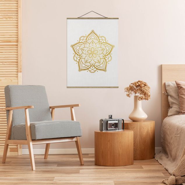 Stoffbilder mit Holzleisten Mandala Blüte Sonne Illustration Set Gold