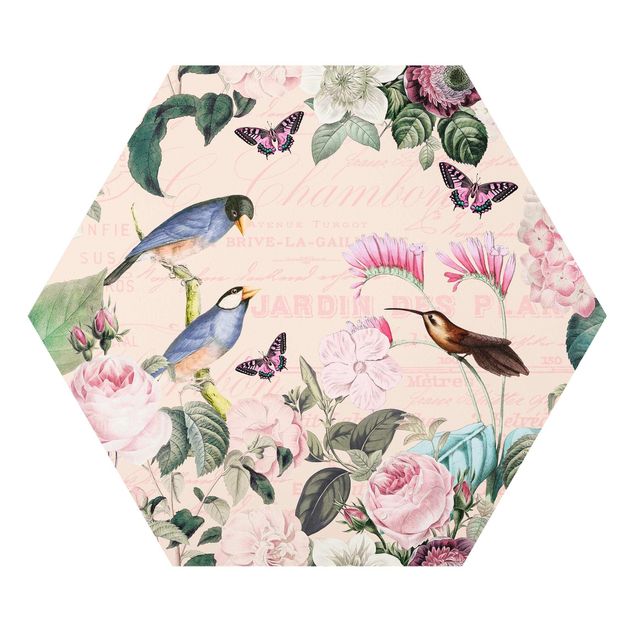 Hexagon Bild Forex - Vintage Collage - Rosen und Vögel