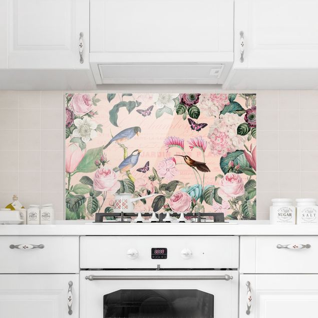 Küchenrückwand Glas Motiv Blumen Vintage Collage - Rosen und Vögel