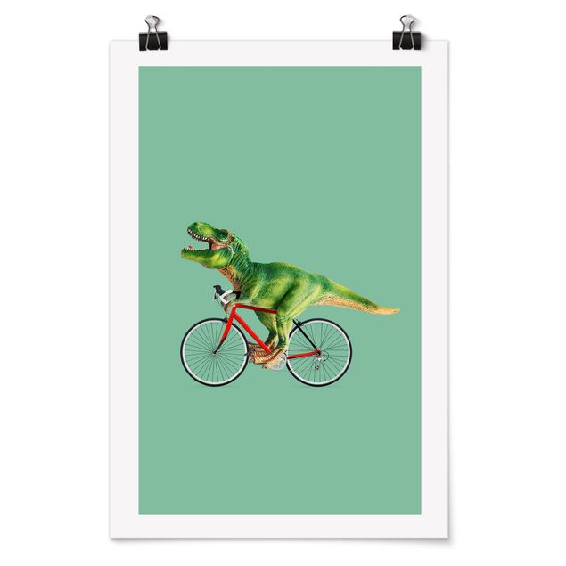Tierposter Dinosaurier mit Fahrrad