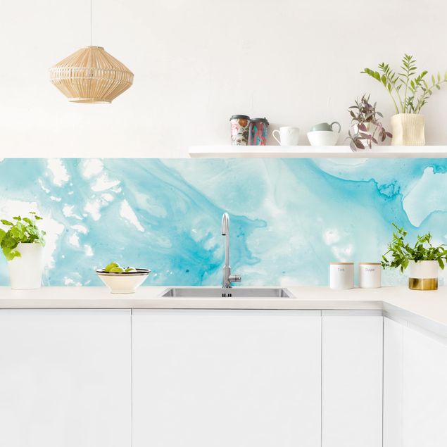 Küchenrückwand abstrakt Emulsion in weiß und türkis I