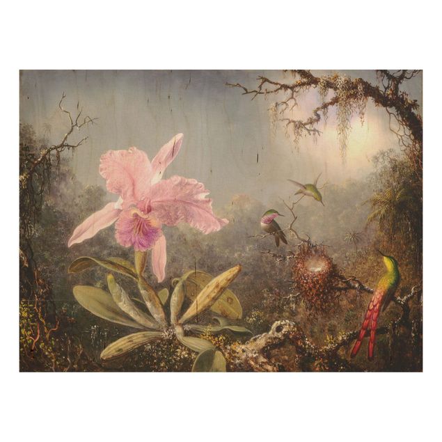 Holzbilder mit Blumen Martin Johnson Heade - Orchidee und drei Kolibris