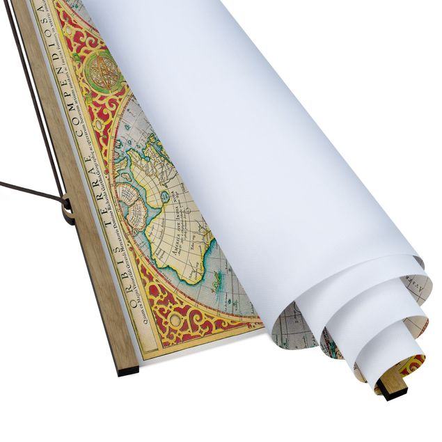 Stoffbild mit Posterleisten - Historische Weltkarte Orbis Terrare Compendiosa Descriptio - Querformat 2:1