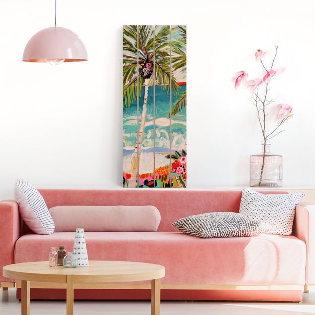 Holzbilder modern Palme mit pinken Blumen I