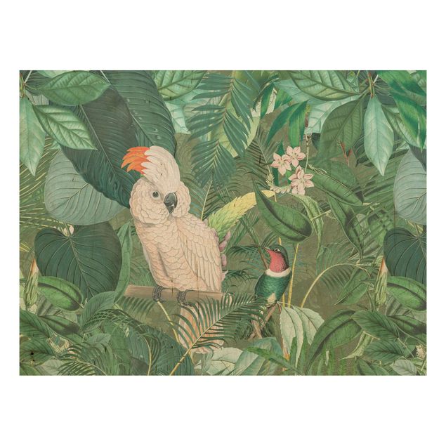 Holzbilder mit Blumen Vintage Collage - Kakadu und Kolibri