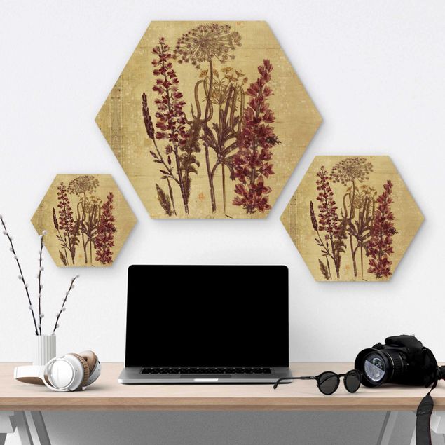 Hexagon Bild Holz - Vintage Leinenoptik Blumen