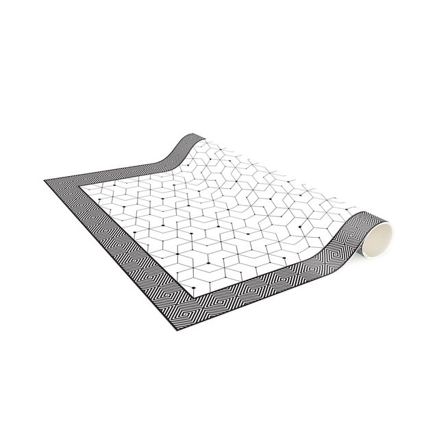 Vinyl Teppich Fliesenoptik Geometrische Fliesen Punktlinien Schwarz Weiß mit Bordüre