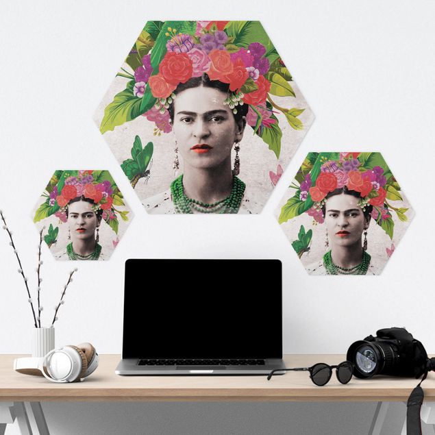 Hexagon Bild Alu-Dibond - Frida Kahlo - Blumenportrait