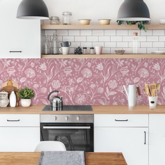 Küchenrückwand Muster Blumentanz auf Altrosa
