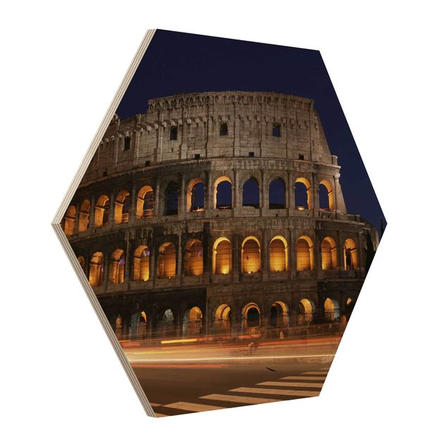 Hexagon Bild Holz - Colosseum in Rom bei Nacht