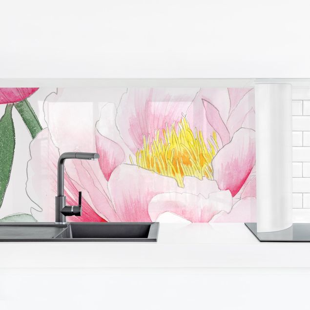 Küchenrückwände selbstklebend Zeichnung Rosa Päonien I