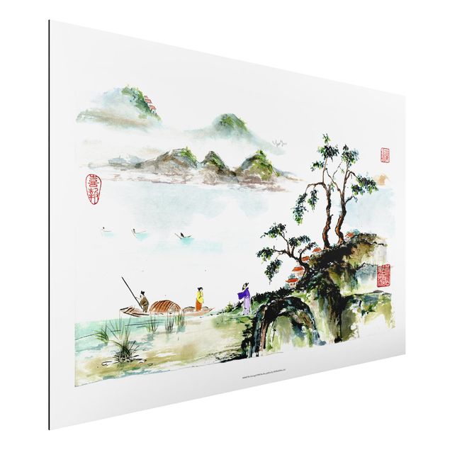 Bilder für die Wand Japanische Aquarell Zeichnung See und Berge