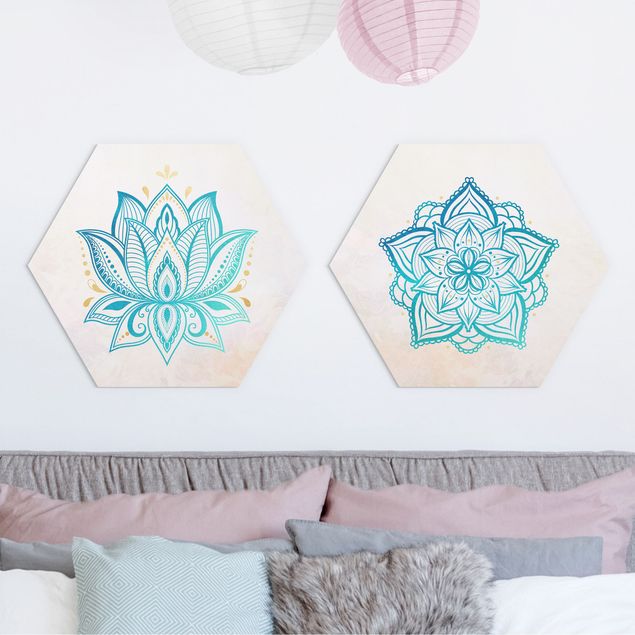 Bilder auf Hartschaumplatte Mandala Lotus Set Gold Blau