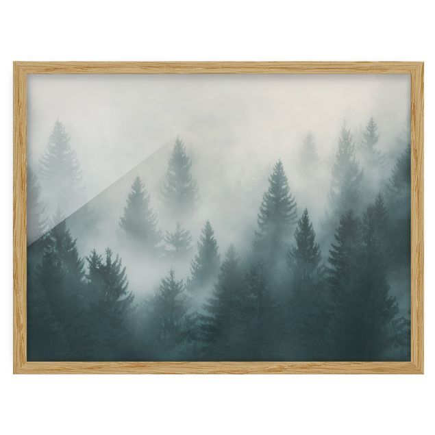 Bild mit Rahmen - Nadelwald im Nebel - Hochformat 3:4