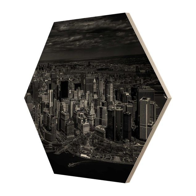 Hexagon Bild Holz - New York - Manhattan aus der Luft