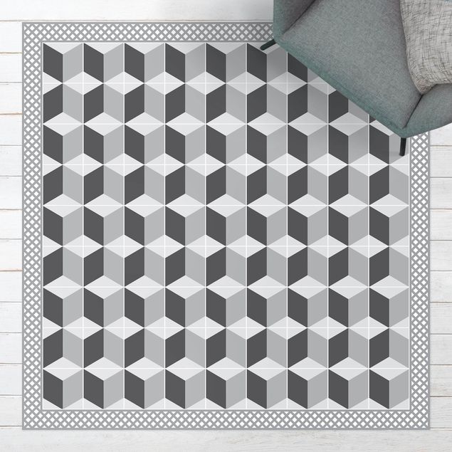 outdoor-teppich wetterfest Geometrische Fliesen Stufenillusion in Grau mit Bordüre