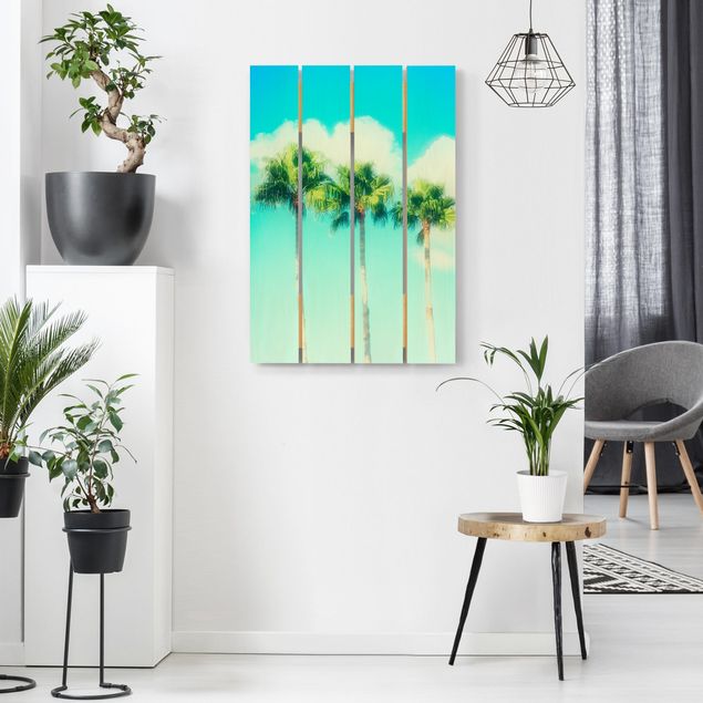 Moderne Holzbilder Palmen vor Himmel Blau