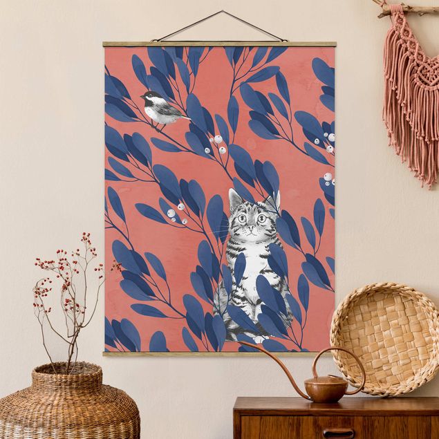 Wandbilder Tiere Illustration Katze und Vogel auf Ast Blau Rot