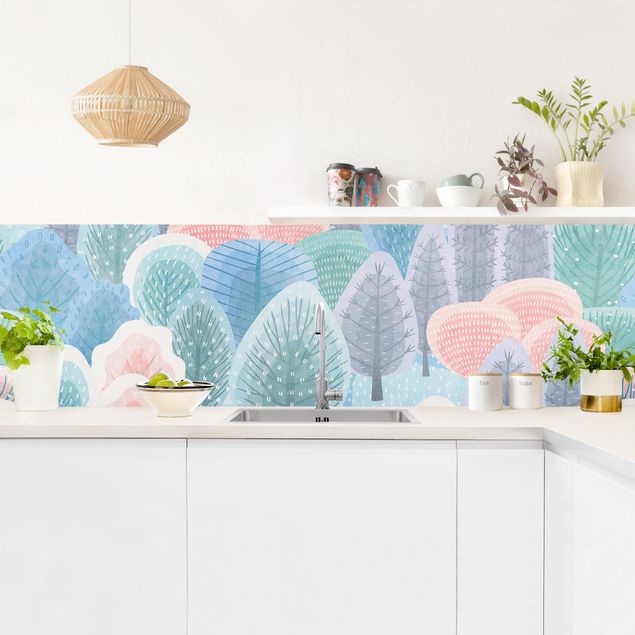 Glasrückwand Küche Blumen Glücklicher Wald in Pastell