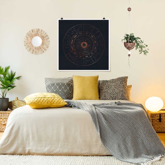 Weltkarte Poster Astrologie Die 12 Sternzeichen Blau Gold
