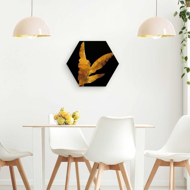 Wandbild Holz Gold - Bananenpalme auf Schwarz
