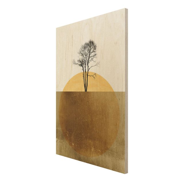 Wandbild Holz Goldene Sonne mit Baum