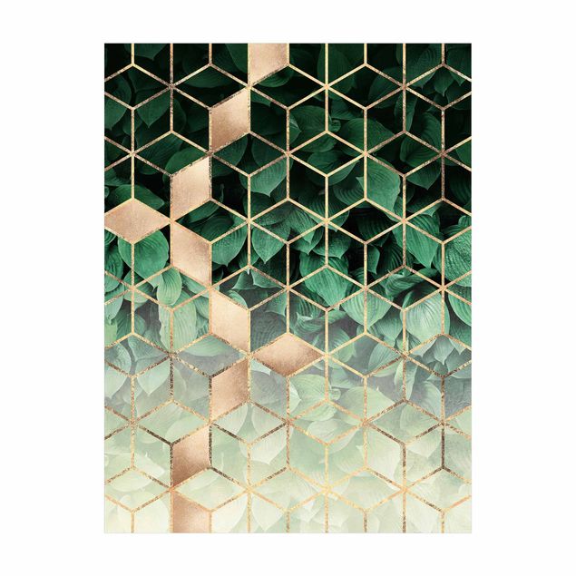 Teppich 3D Motiv Grüne Blätter goldene Geometrie