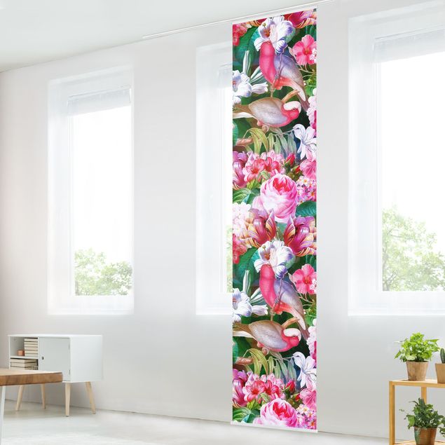 Schiebegardinen 2er Set Bunte Tropische Blumen mit Vögeln Pink