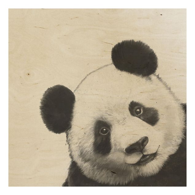 Holzbild - Illustration Panda Schwarz Weiß Malerei - Quadrat 1:1