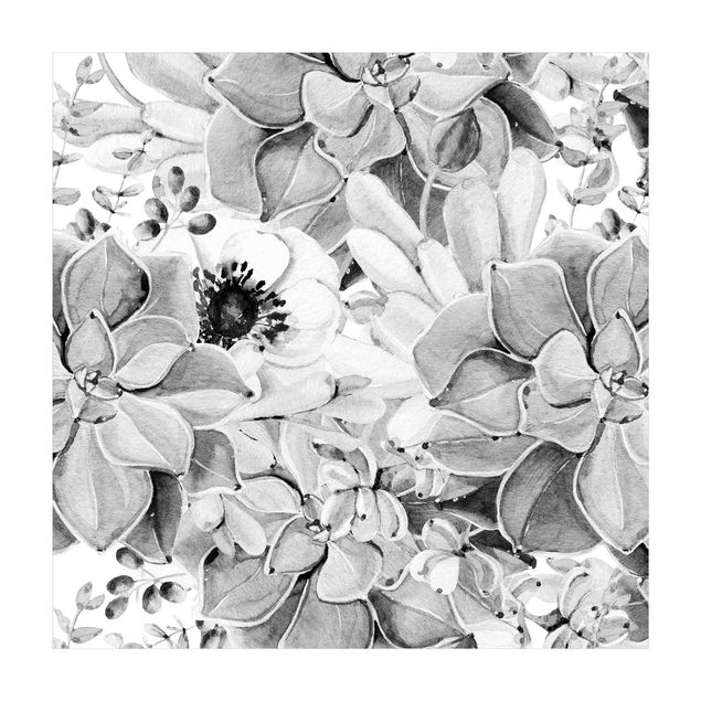 Teppich Blumen Aquarell Sukkulente mit Blüte in Schwarz Weiß