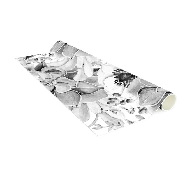 Teppich modern Aquarell Sukkulente mit Blüte in Schwarz Weiß