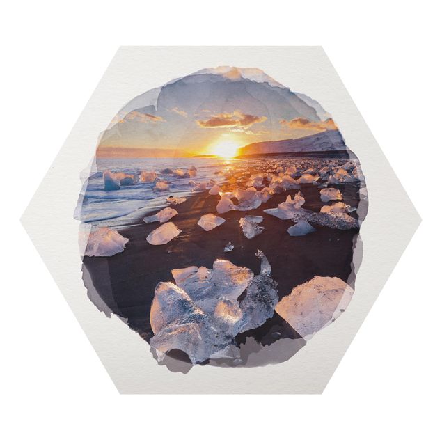 Hexagon Bild Alu-Dibond - Wasserfarben - Eisbrocken am Strand Island