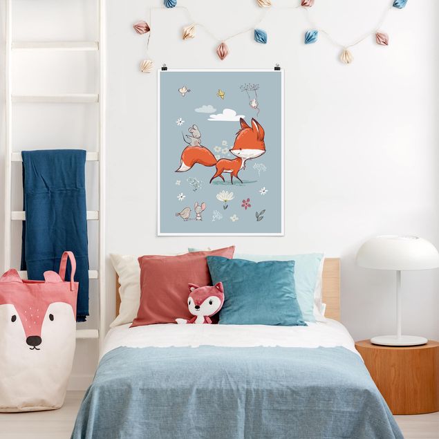 Poster Kinderzimmer Tiere Fuchs und Maus auf Wanderschaft