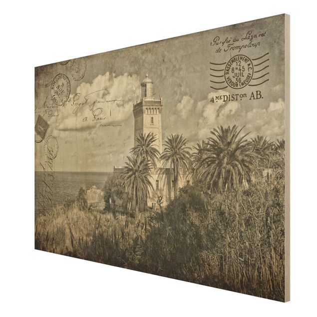 Moderne Holzbilder Leuchtturm und Palmen - Vintage Postkarte