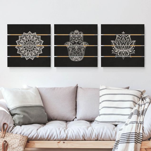 Moderne Holzbilder Mandala Hamsa Hand Lotus Set auf Schwarz