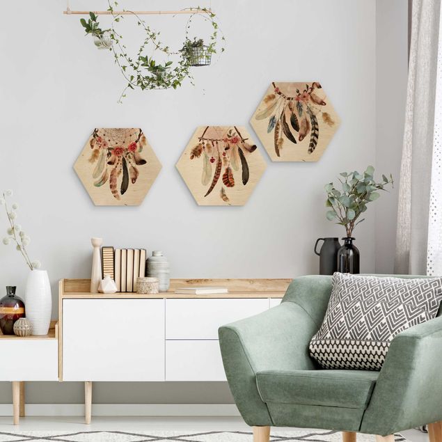 Moderne Holzbilder Aquarell Traumfänger mit Federn